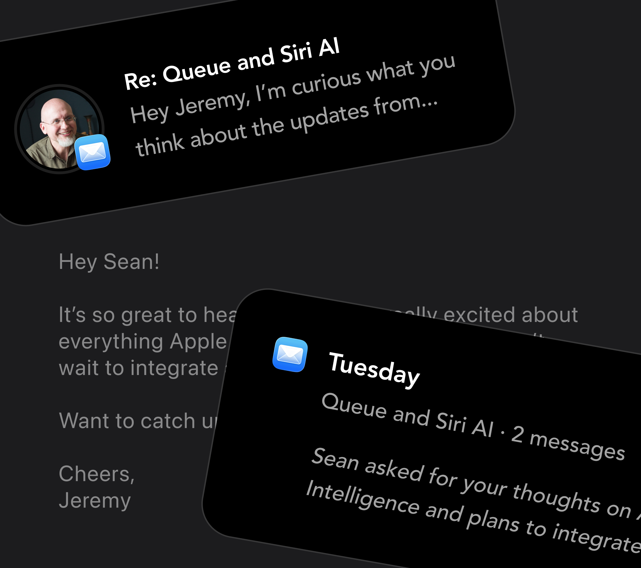 Sean’s email about Queue and Siri AI, Jeremy’s reply, and the conversation summary Queue synced from the thread