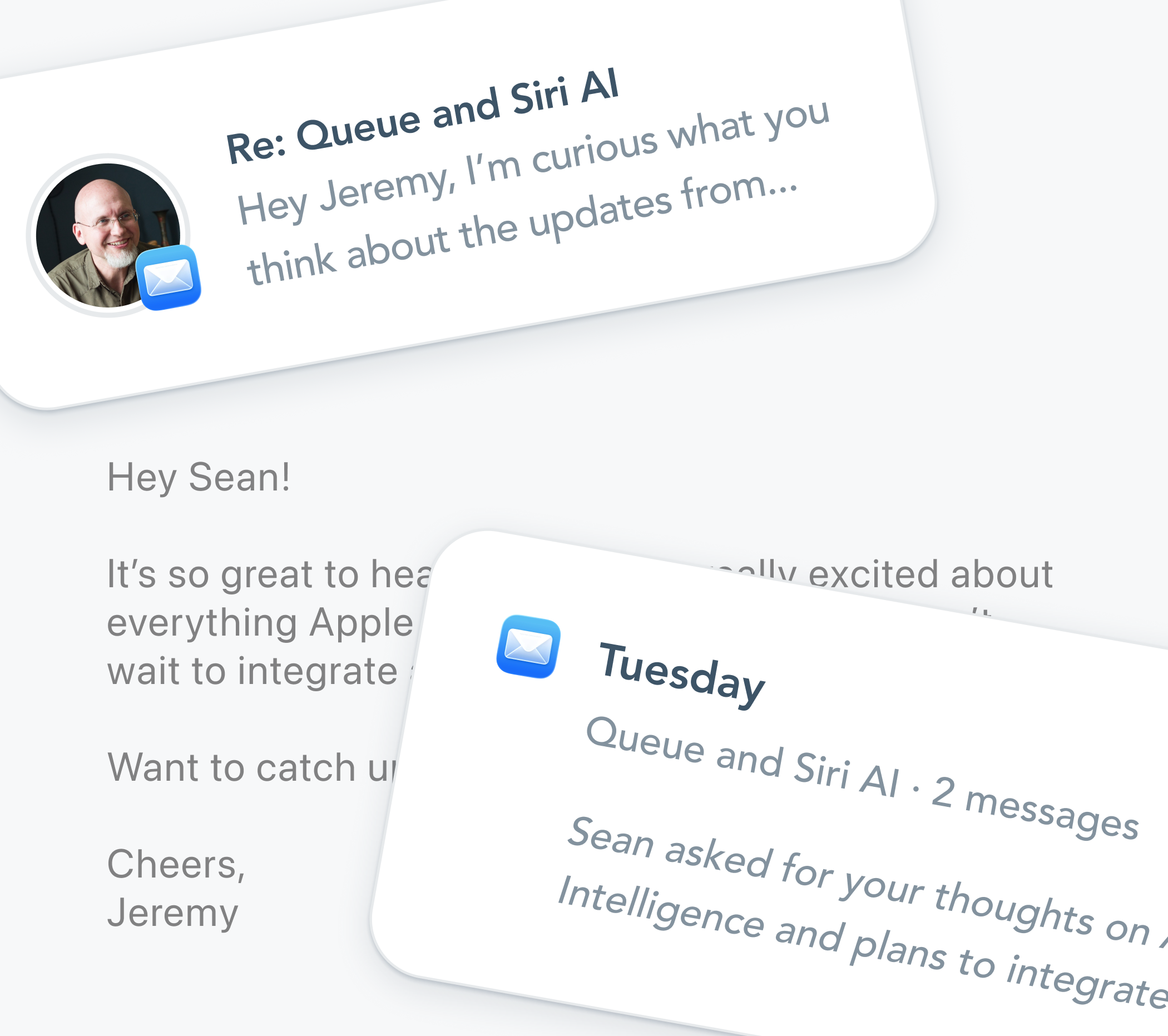 Sean’s email about Queue and Siri AI, Jeremy’s reply, and the conversation summary Queue synced from the thread